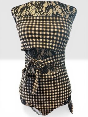 Aerie Gingham Lace Up Cutout One Piece Swimsuit Size L Long NWT